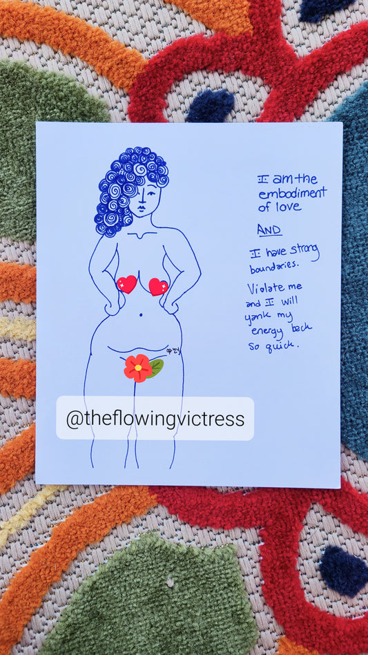 I am the embodiment of love AND I have strong boundaries. Violate me and I will yank my energy back so quick. A voluptuous female figure, depicted in simple line form, stands with her curled hands up on her hips. She resumes a power stance while looking, unamused, directly at the viewer. Her hair is blue and curly. 